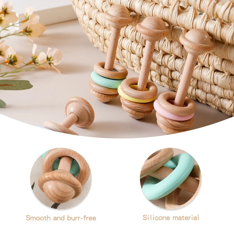 Hochet Sensoriel Premier Âge en Bois et Silicone – Une Douce Symphonie pour les Sens de Bébé