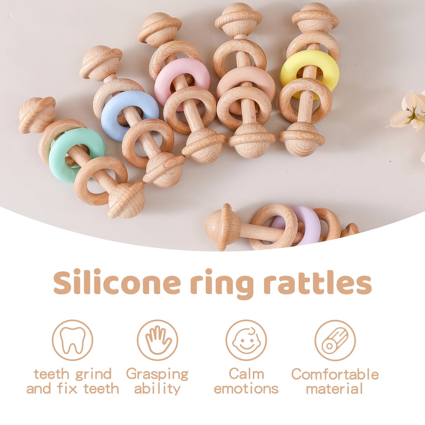 Hochet Sensoriel Premier Âge en Bois et Silicone – Une Douce Symphonie pour les Sens de Bébé